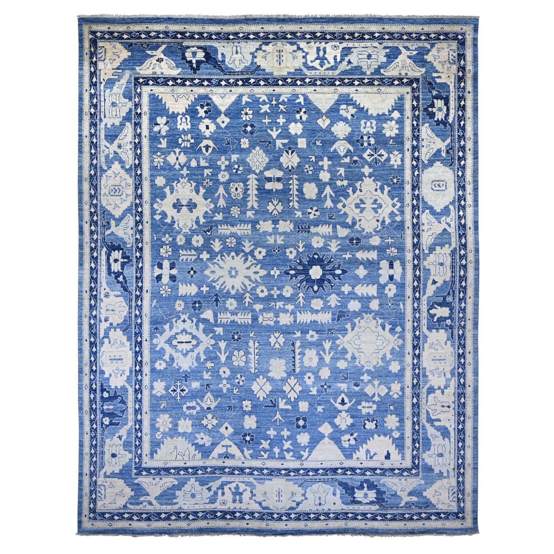 Bayern Blue, Afghan Angora Oushak with All Over Design, Hand Knotted, 100% Wool, Vegetable Dyes, XL, Oversized, Oriental Rug
